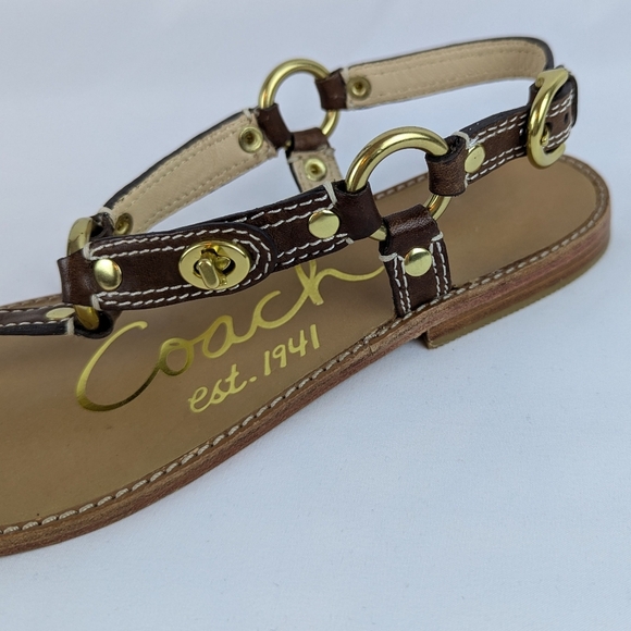 Coach Raiven Sandal Leather Flat Thong Ankle Strap Goldtone Tobacco 8.5 NWOB - Picture 7 of 14